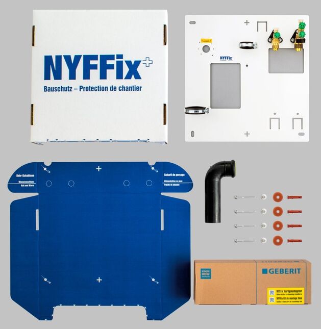 Im Paket ist alles für die Installation enthalten. Die Verpackung dient sowohl als Bohrschablone als auch als Bauschutz in der Rohbauphase.